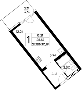 Студия, 27.88 м²