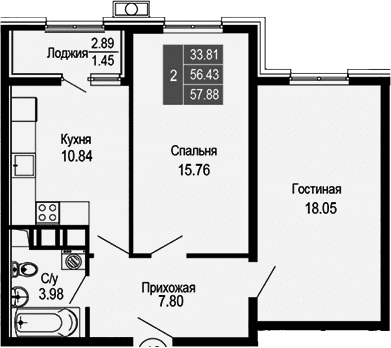 2-комн., 56.43 м²