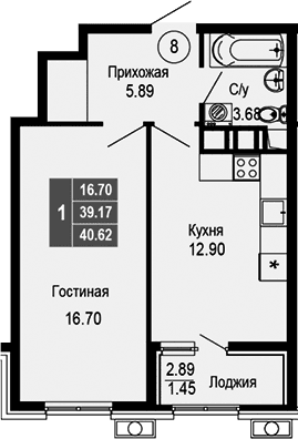 1-комн., 39.17 м²