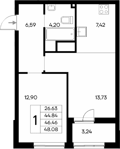 1-комн., 44.84 м²