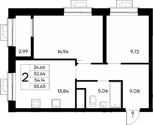 2-комн., 52.64 м²