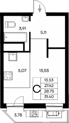 Студия, 27.62 м²