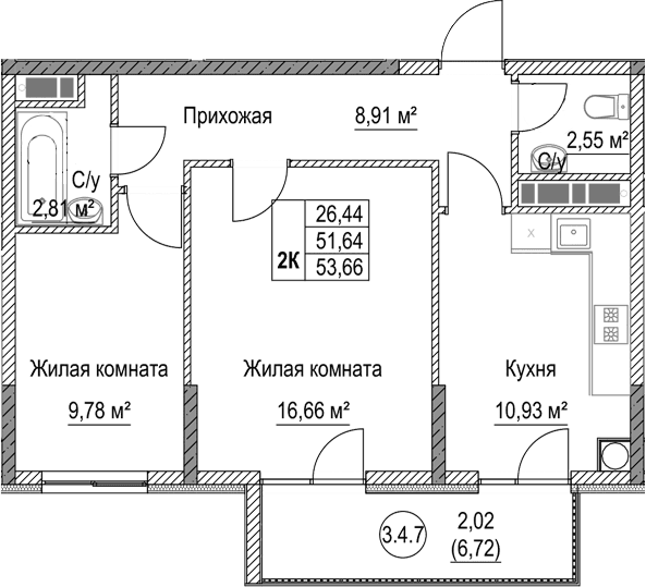 2-комн., 51.64 м²