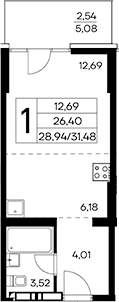 Студия, 28.94 м²