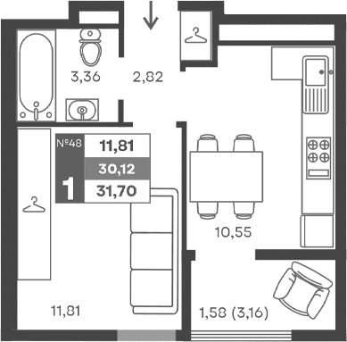1-комн., 28.54 м²