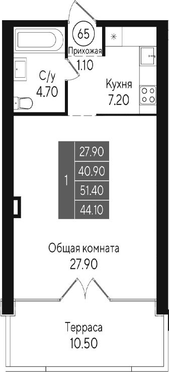Студия, 40.9 м²