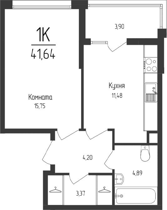 1-комн., 39.69 м²