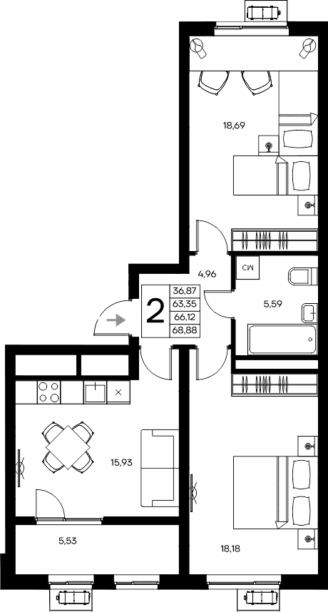 2-комн., 63.35 м²