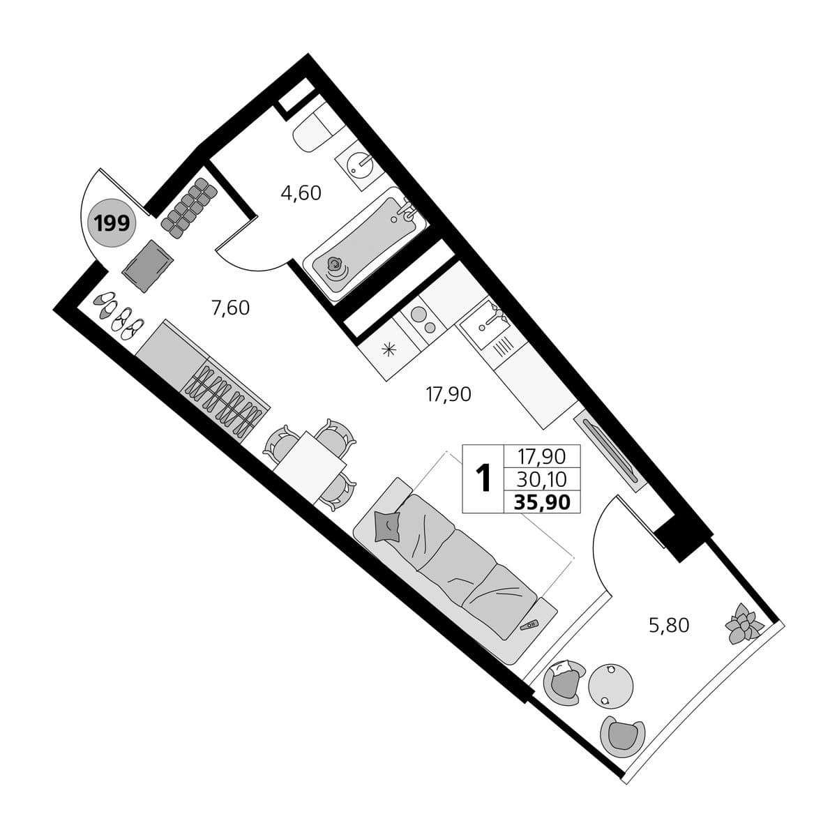 Студия, 30.1 м²
