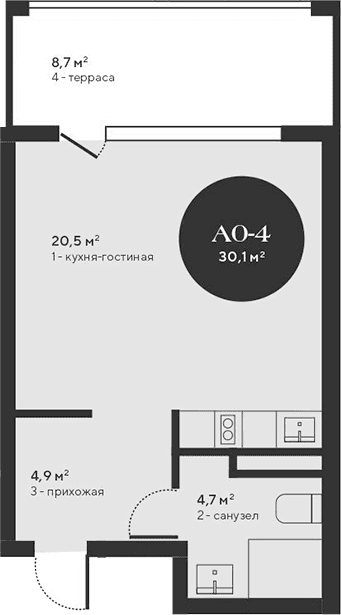 Студия, 30.1 м²