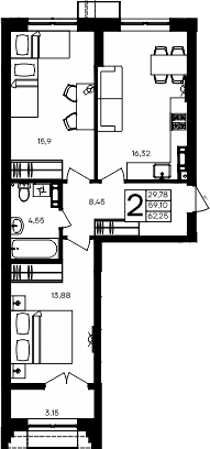 2-комн., 59.1 м²