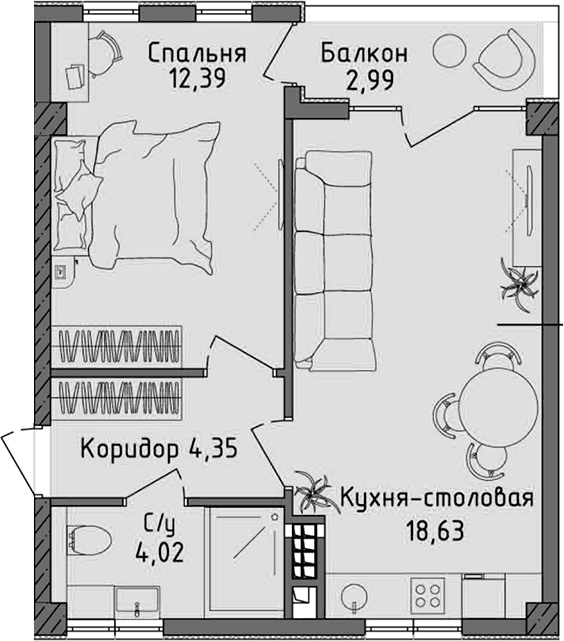 2-комн., 39.39 м²