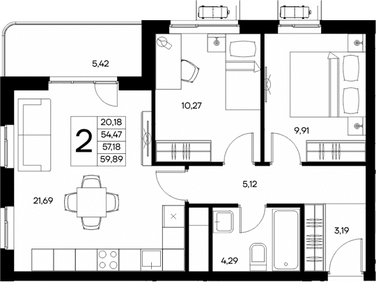 2-комн., 54.47 м²