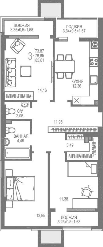 3-комн., 73.87 м²