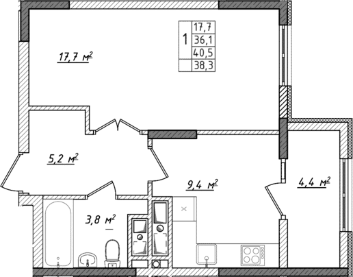 1-комн., 36.1 м²