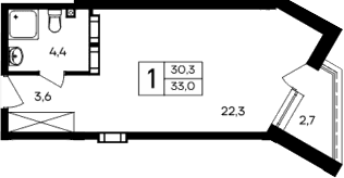 Студия, 30.3 м²