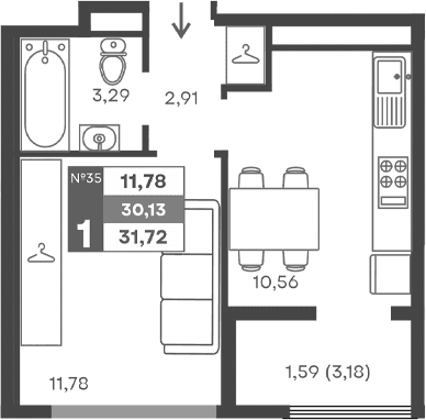 1-комн., 28.54 м²