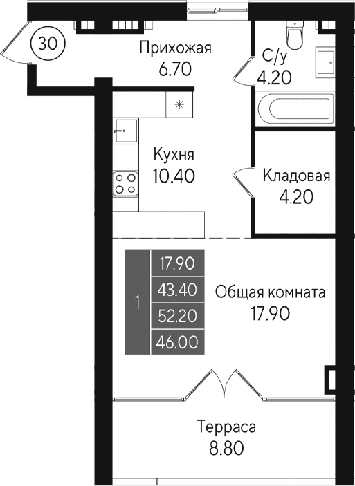 Студия, 43.4 м²