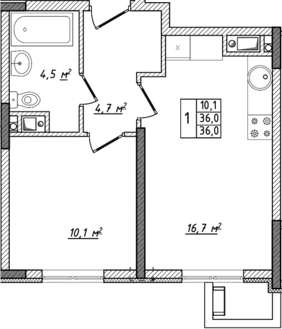 2-комн., 36 м²