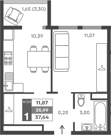 1-комн., 34.34 м²