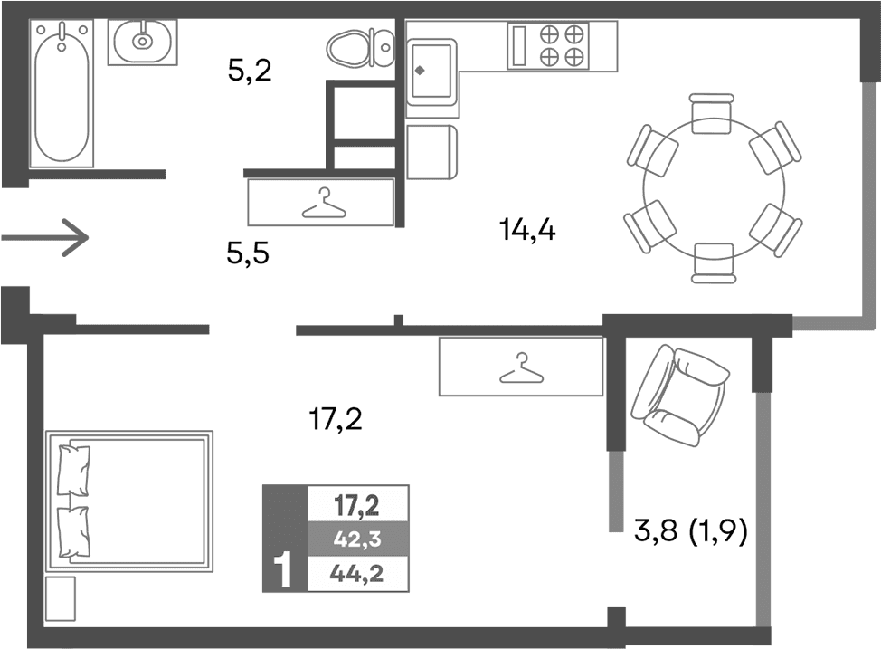 1-комн., 42.3 м²