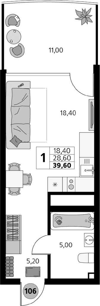 Студия, 28.6 м²