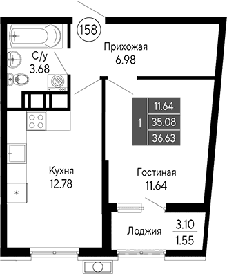 1-комн., 35.08 м²