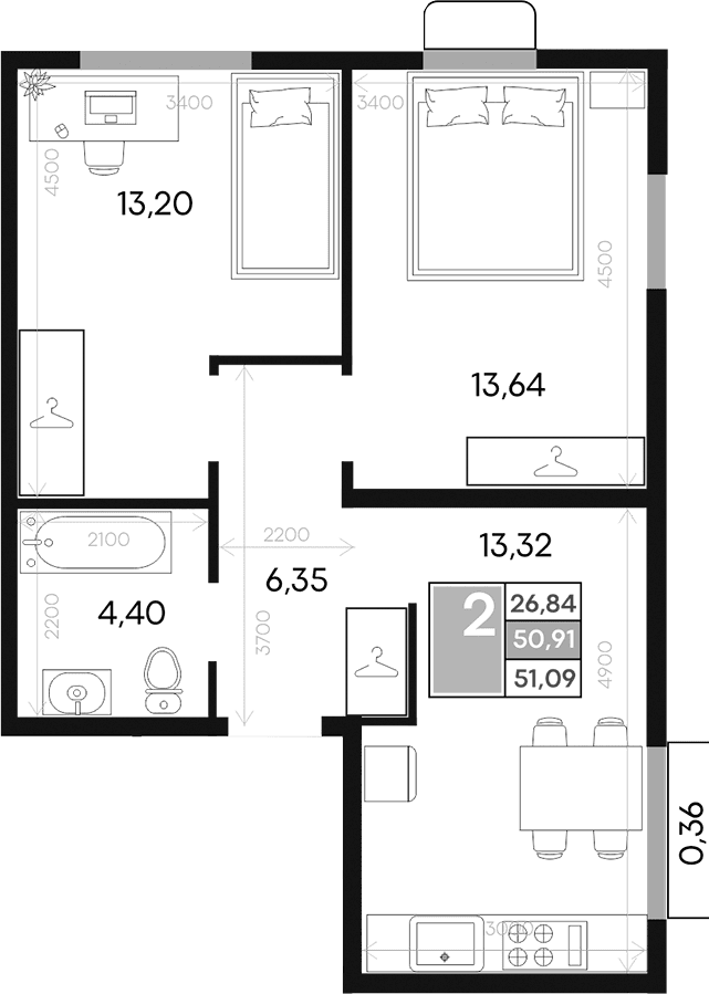 2-комн., 50.98 м²