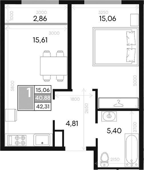 1-комн., 40.88 м²