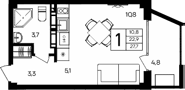Студия, 22.9 м²