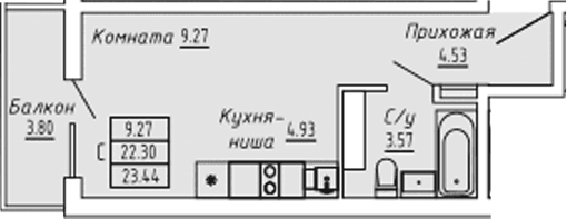 Студия, 22.3 м²