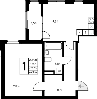 1-комн., 57.46 м²