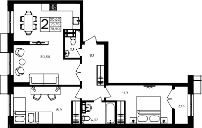 2-комн., 75.75 м²