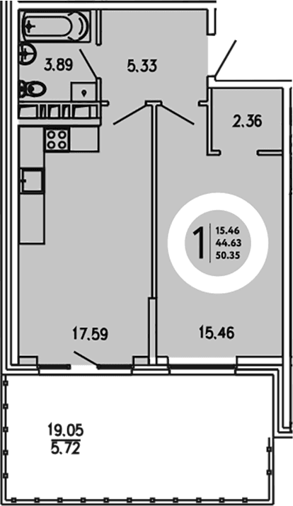 1-комн., 44.63 м²