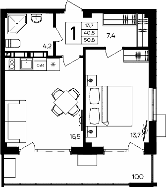 1-комн., 40.8 м²