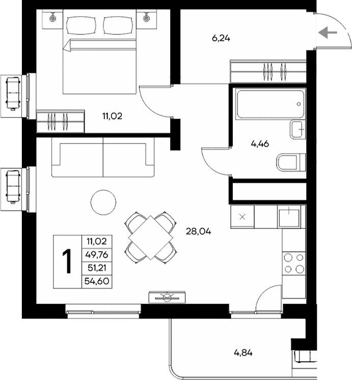 1-комн., 49.76 м²