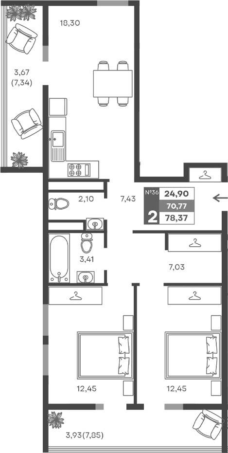 2-комн., 63.17 м²