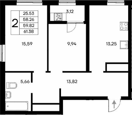 2-комн., 58.26 м²