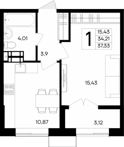 1-комн., 34.21 м²