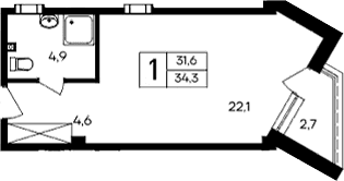Студия, 31.6 м²