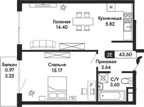 2-комн., 42.63 м²