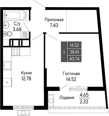 1-комн., 38.41 м²