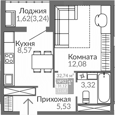 1-комн., 29.5 м²