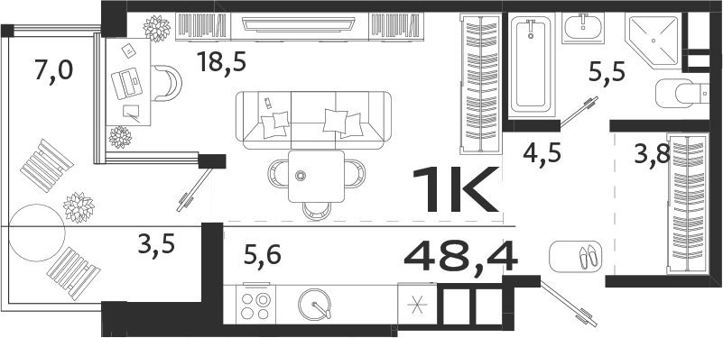 Студия, 38 м²