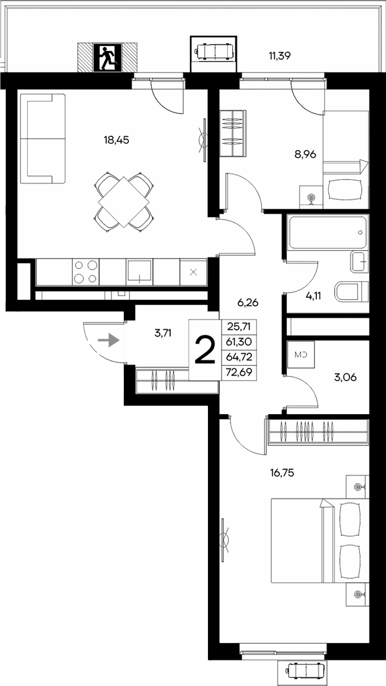 2-комн., 61.3 м²