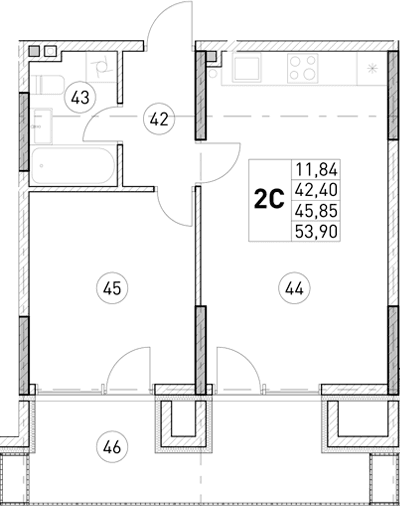 1-комн., 42.4 м²