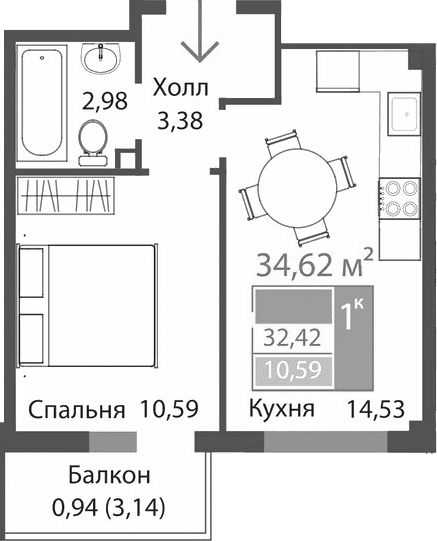 1-комн., 31.48 м²