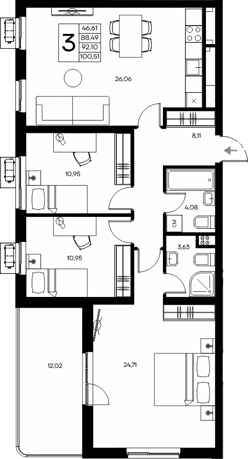 3-комн., 88.49 м²