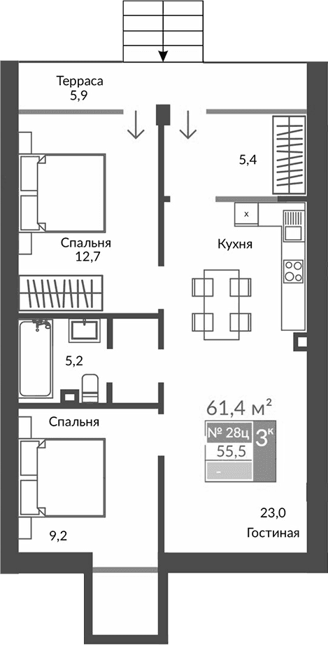 3-комн., 55.5 м²