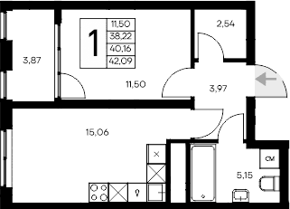 1-комн., 38.22 м²